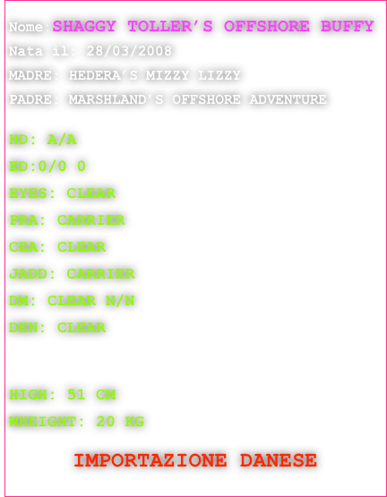 
Nome:SHAGGY TOLLER’S OFFSHORE BUFFY

Nata il: 28/03/2008

MADRE: HEDERA’S MIZZY LIZZY

PADRE: MARSHLAND’S OFFSHORE ADVENTURE


HD: A/A 

ED:0/0 0

EYES: CLEAR

PRA: CARRIER

CEA: CLEAR 

JADD: CARRIER

DM: CLEAR N/N

DEN: CLEAR




HIGH: 51 CM

WHEIGHT: 20 KG
 

IMPORTAZIONE DANESE  

